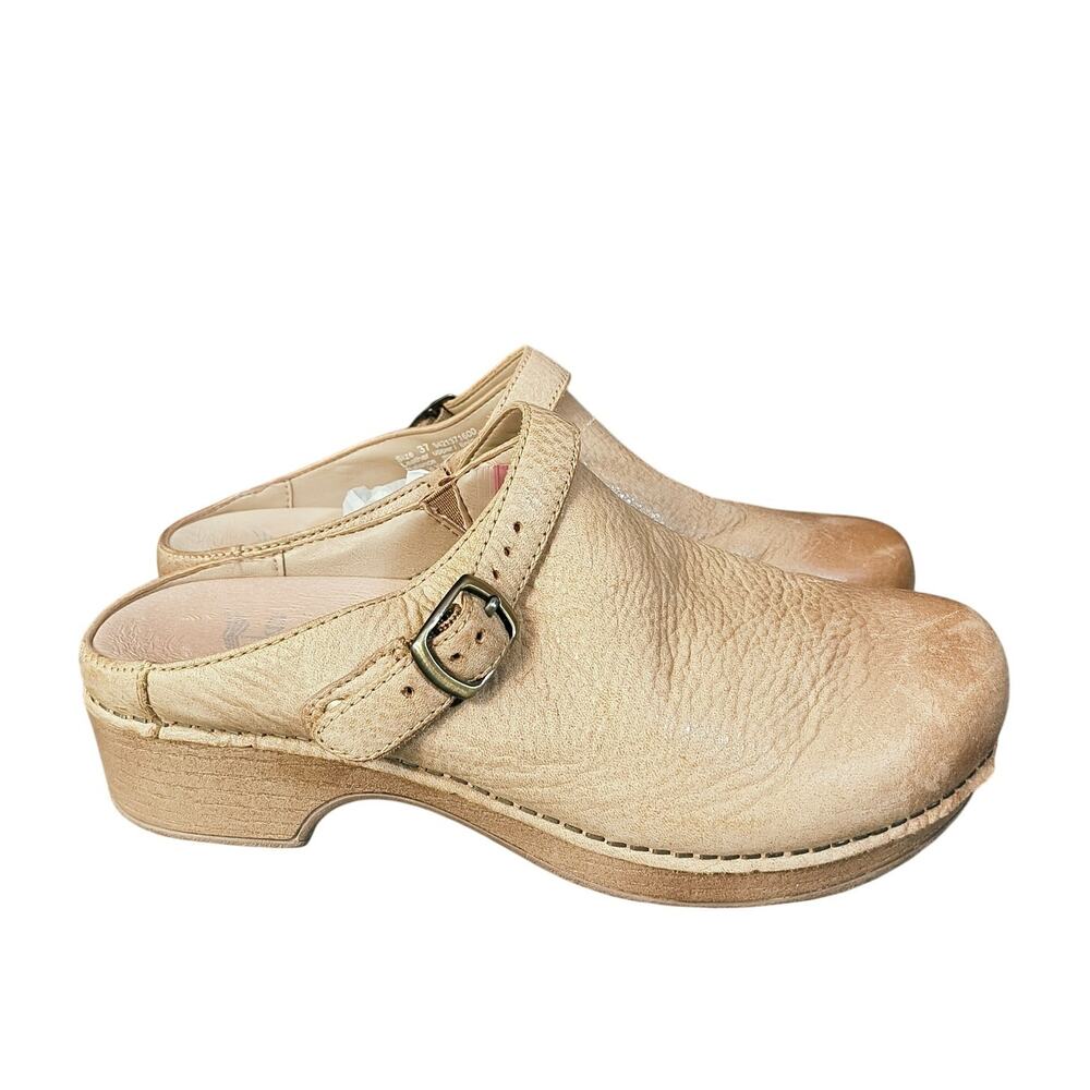 Dansko Beige Leather Clog Flats with Buckle